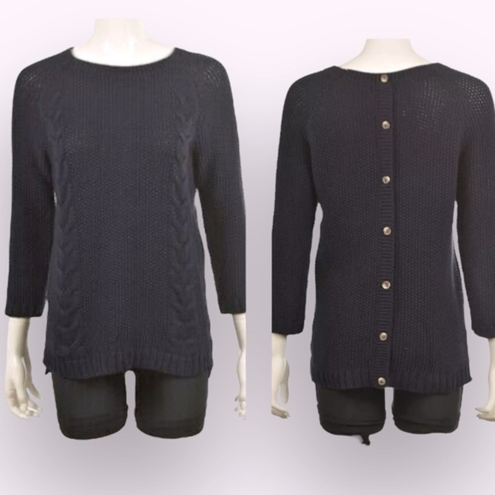 🇪🇸🐠Cynthia Rowley Sweater chunky cable knit textured Navy Blue Crewneck Cotton